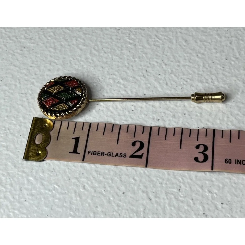 VTG Sarah Coventry Gold Tone Red Green Yellow Mosaic Enamel Round Hat‎ Stick Pin